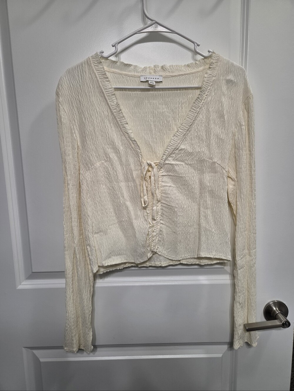 Topshop Ivory Crinkle Tie-Front Long Sleeve Blouse